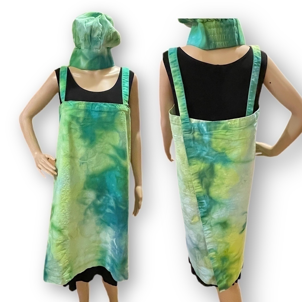 Tie Dye large Japanese wrap around apron with matching toque chef's hat green